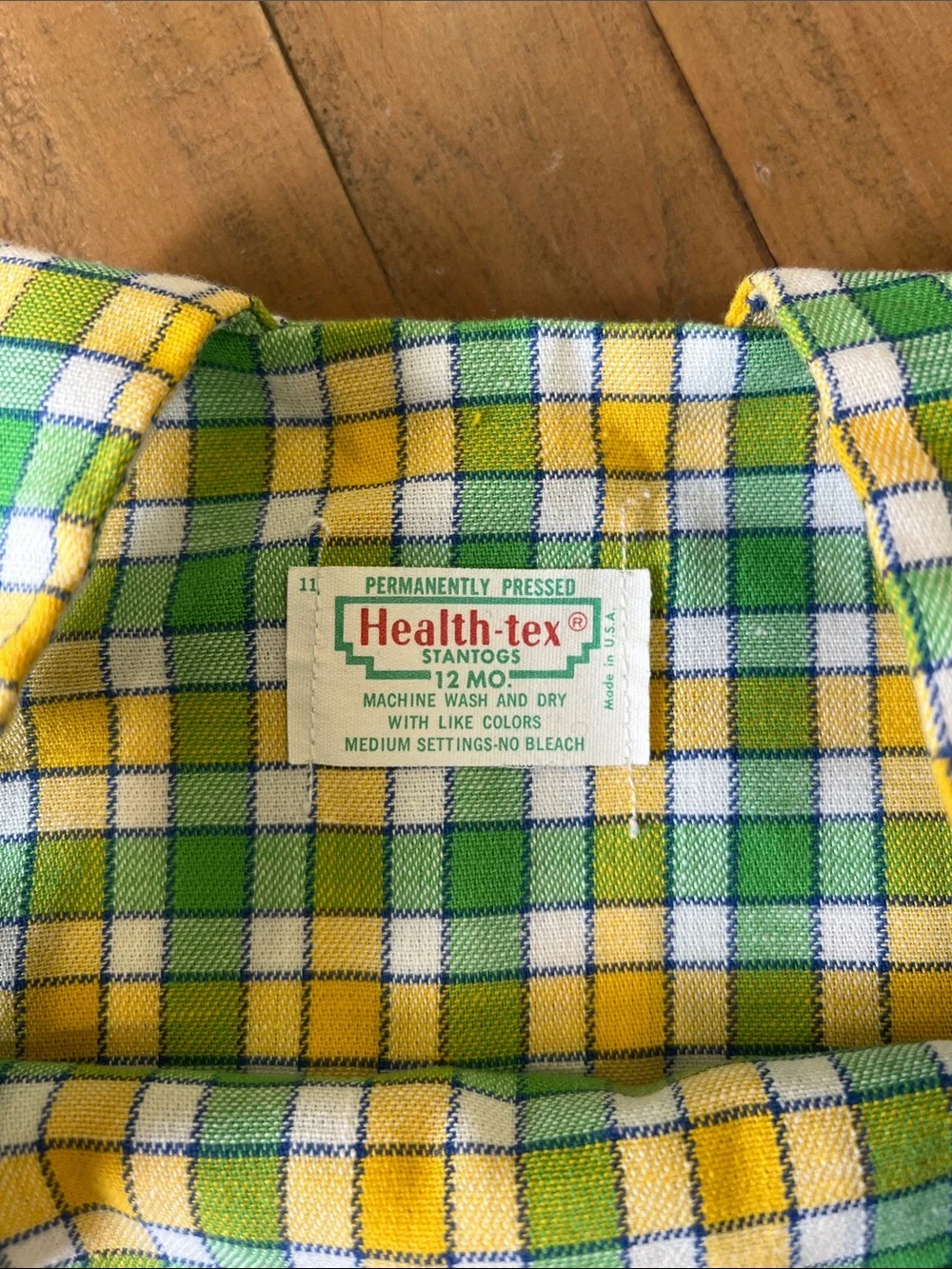 Health Tex vintage green and yellow square short overalls romper 12 months 90s